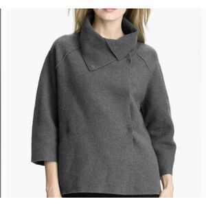 Eileen Fisher Gray Boiled Wool Snap Funnel Fold Down Neck Jacket Cardigan Medium
